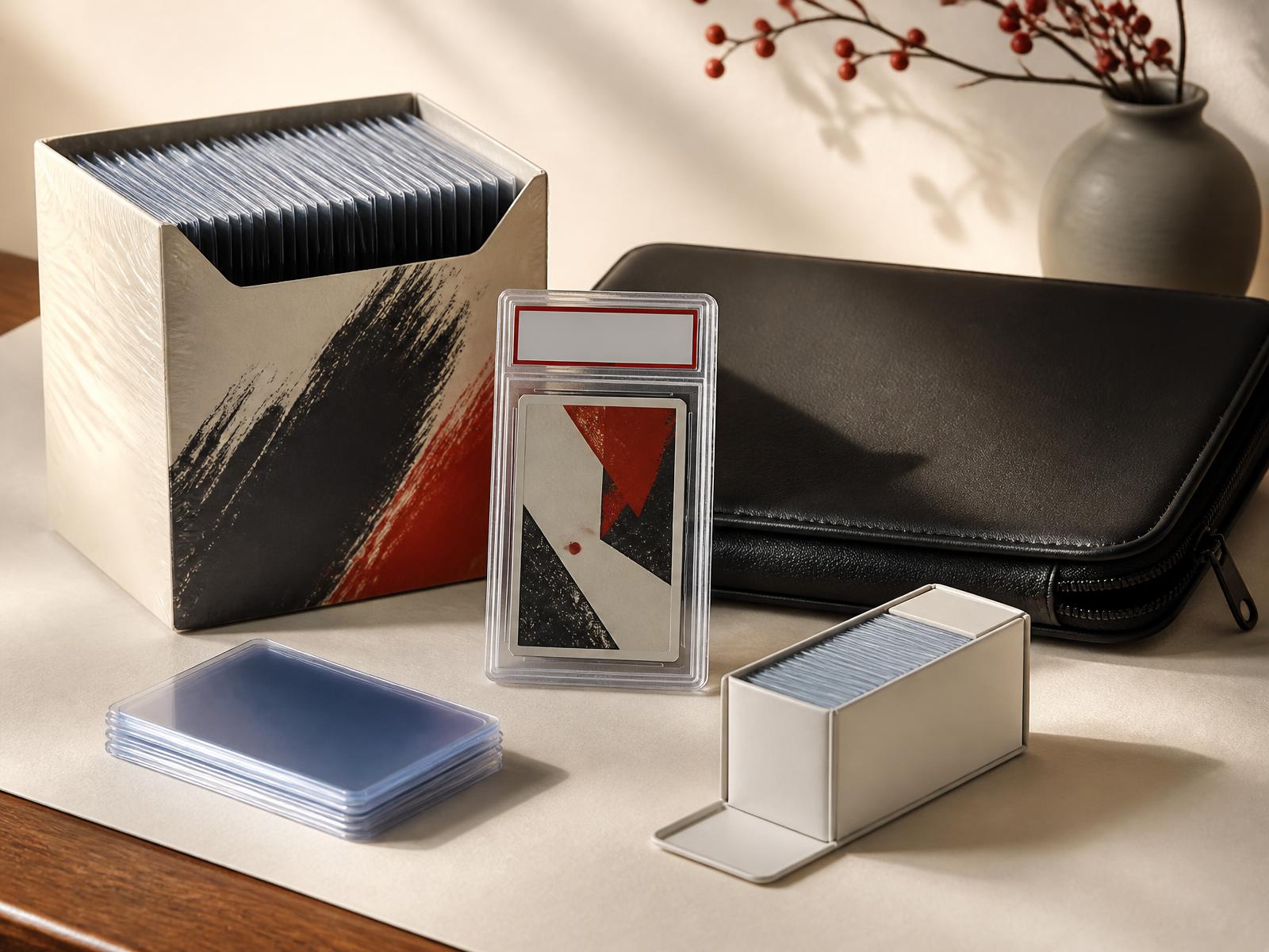 An original collector desk composition with a graded slab, binder, sleeves and card storage